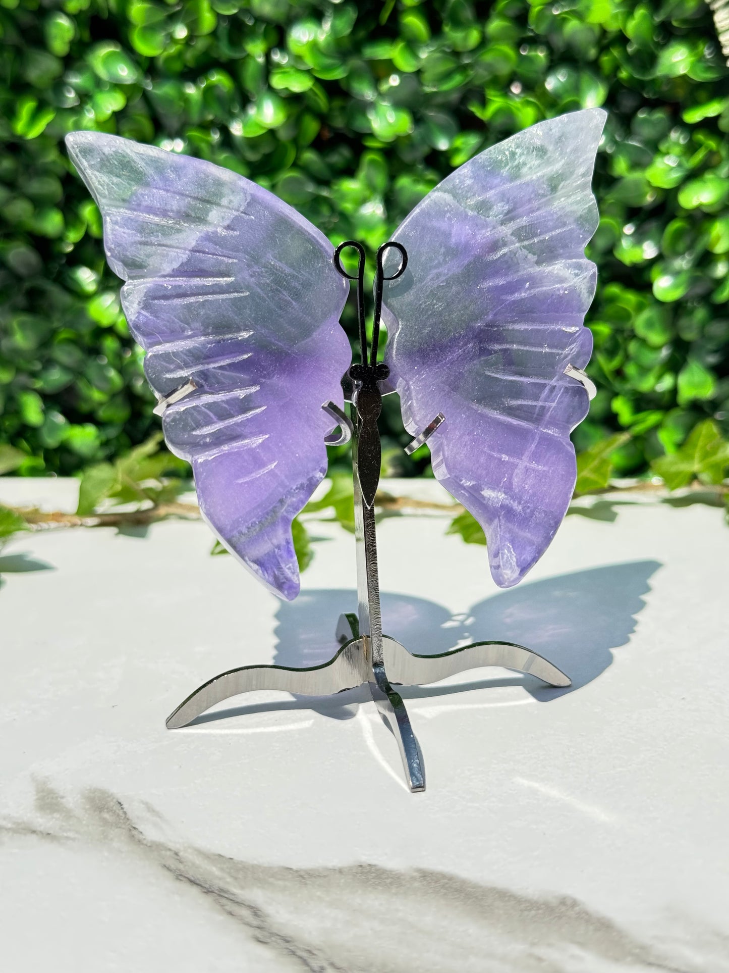 Selene – Purple Fluorite Butterfly Wings on Silver Stand